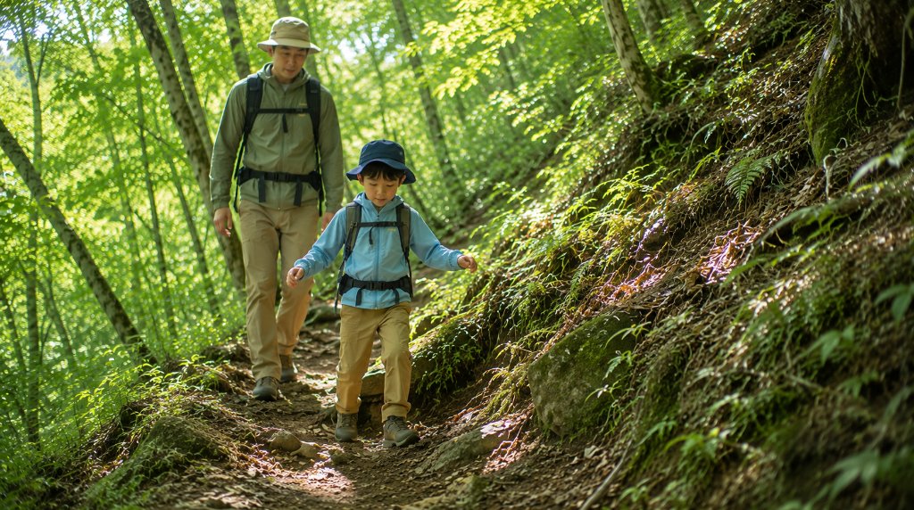 下りの登山道を足裏全体で慎重に下る子どもと見守る親