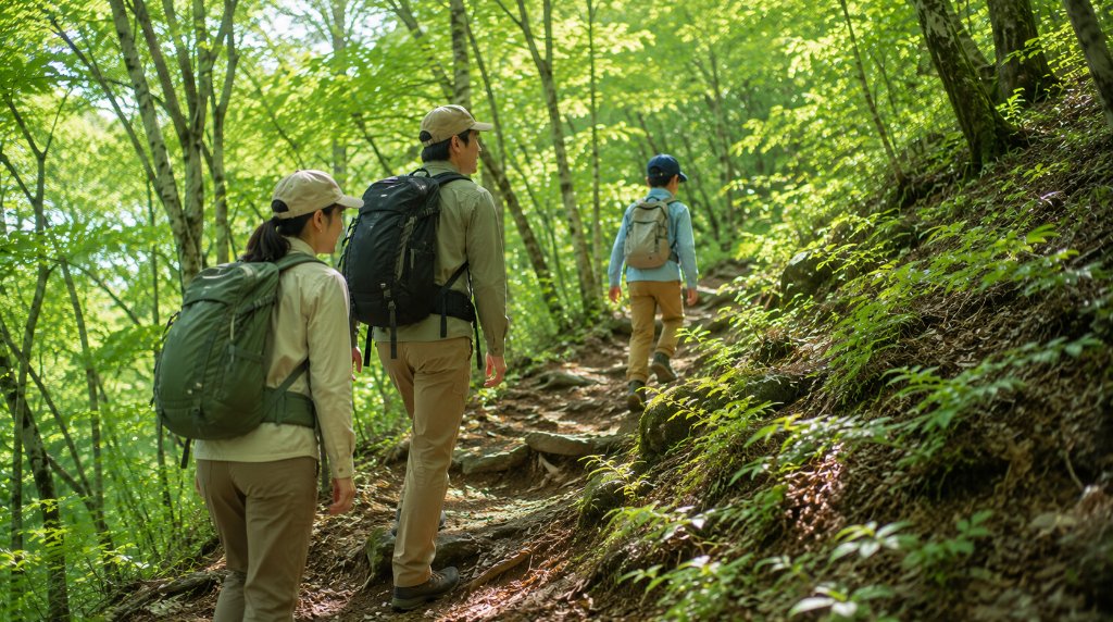上りの登山道で子どもが上・親が下を歩く親子