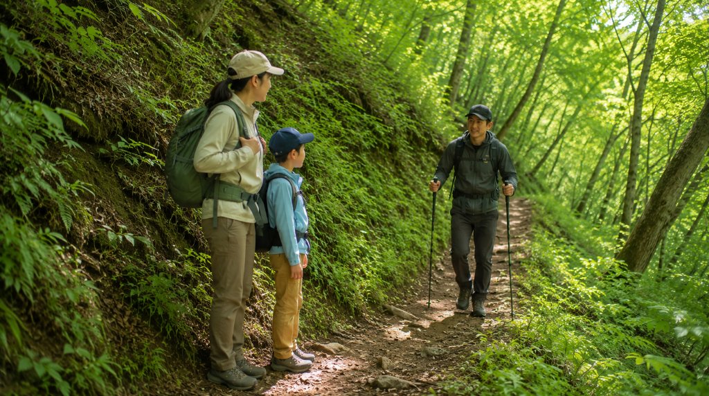 細い登山道で山側に寄り対向者に道をゆずる親子