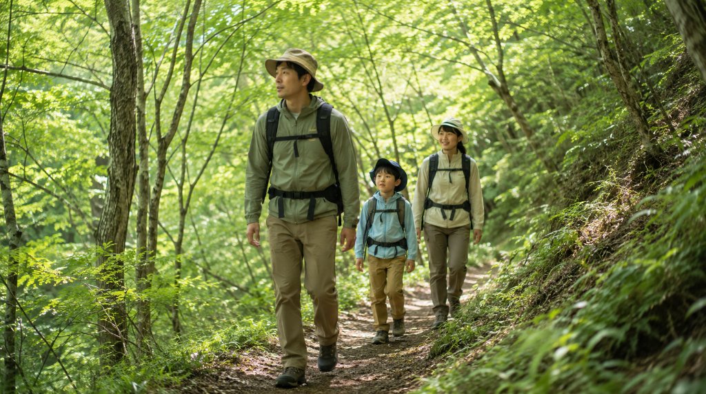 登山道を縦一列で歩く日本人の親子3人