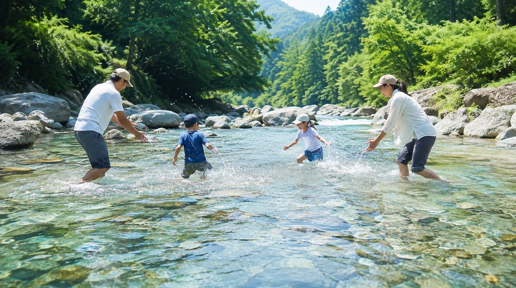 日本の清流で川遊びを楽しむ子連れ家族