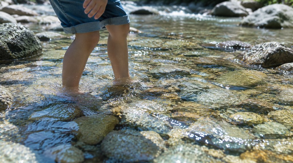 浅瀬で水遊びをする子どもの足元