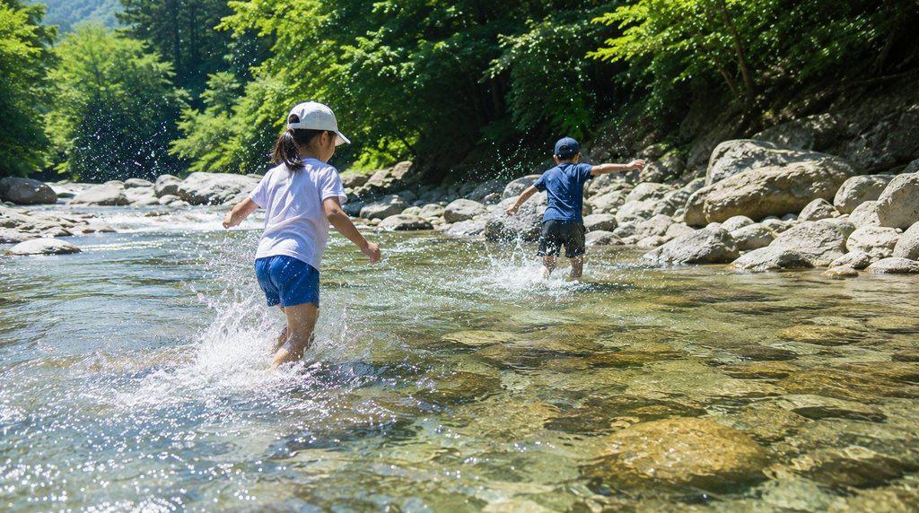 岩の多い川で遊ぶ子どもたち