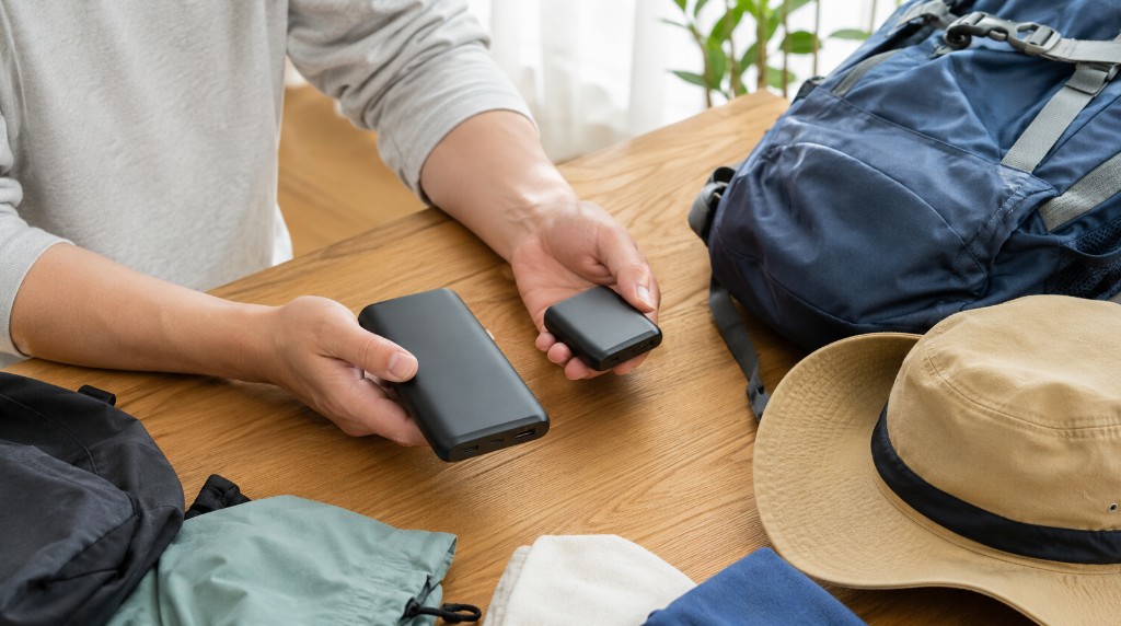 登山準備でモバイルバッテリーや装備を見比べる親子
