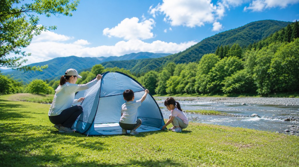 屋外でタープを設営する様子