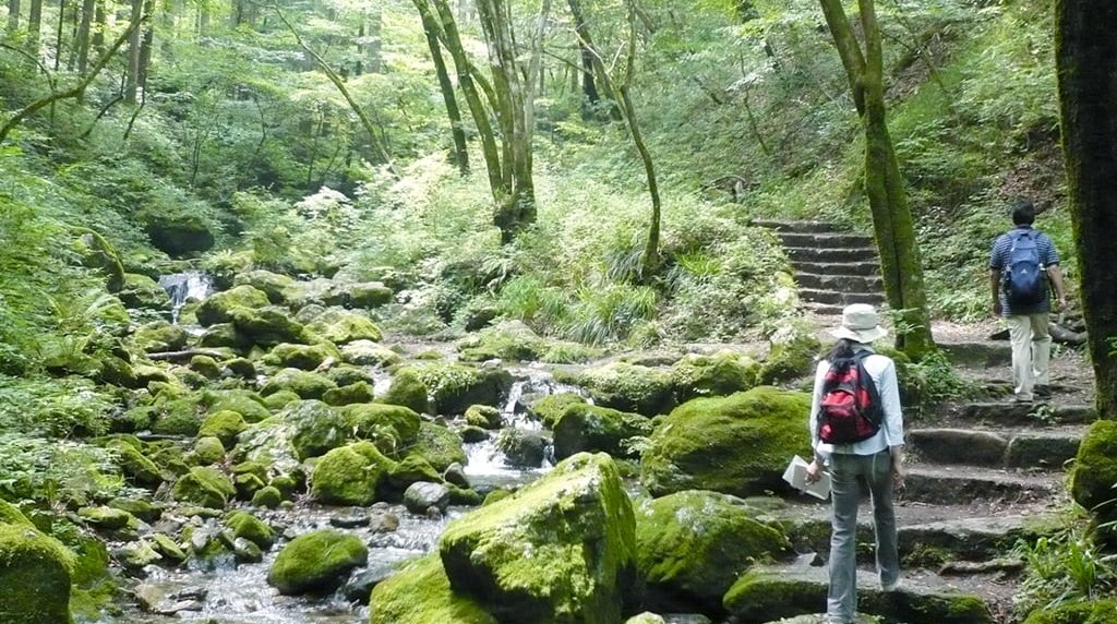 御岳山ロックガーデンの渓谷を歩く登山者