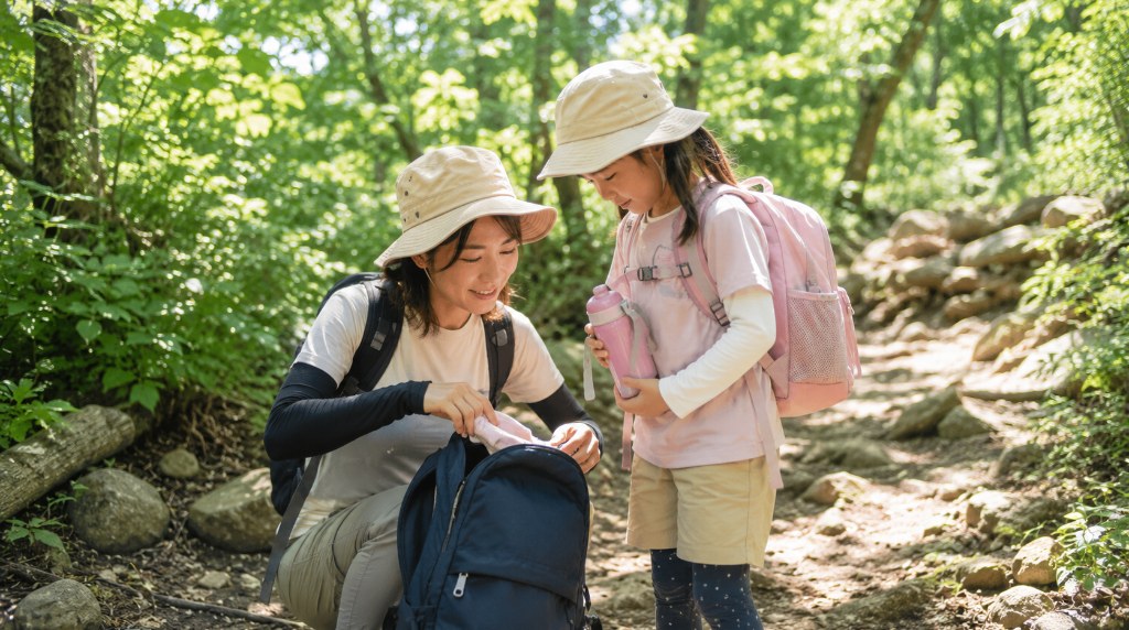 夏の登山道を家族で歩く様子