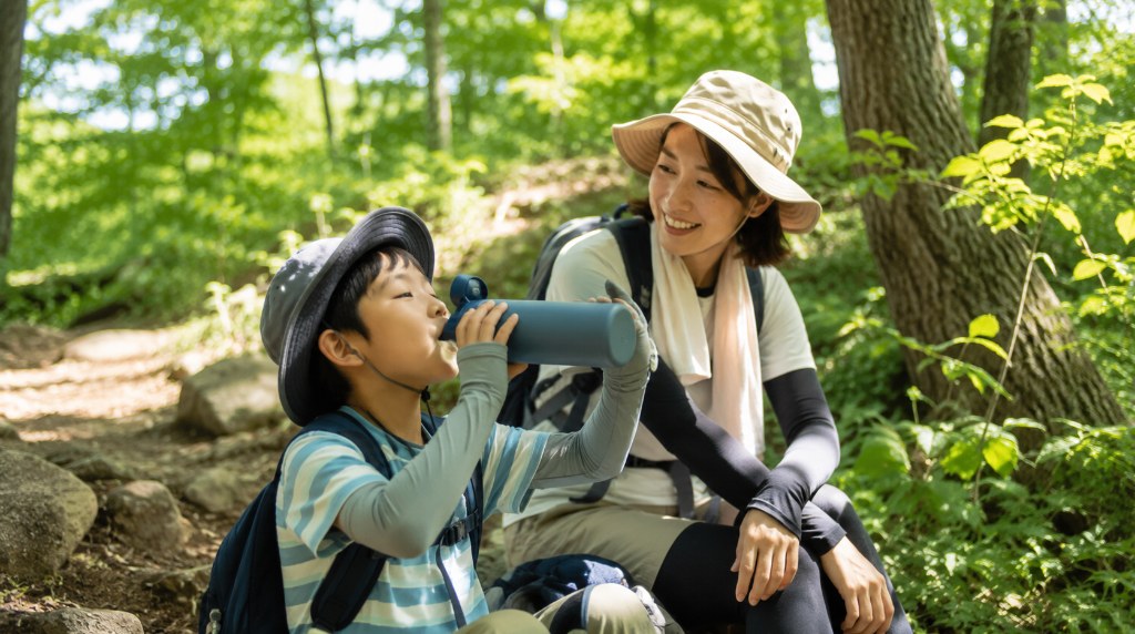 登山中に水分補給をする様子