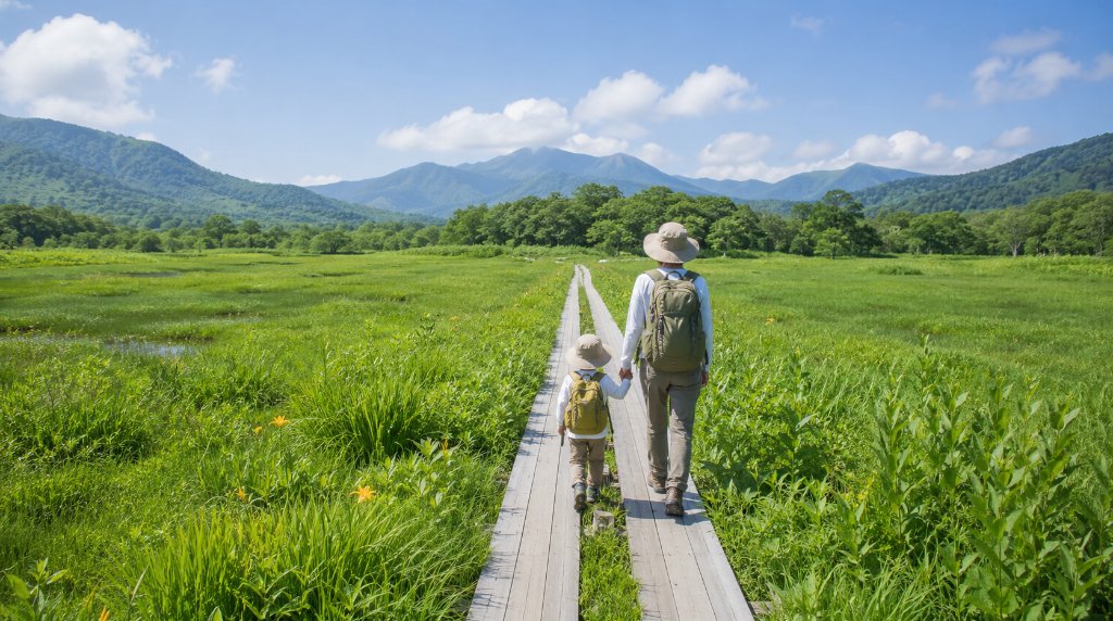 木道を歩く親子