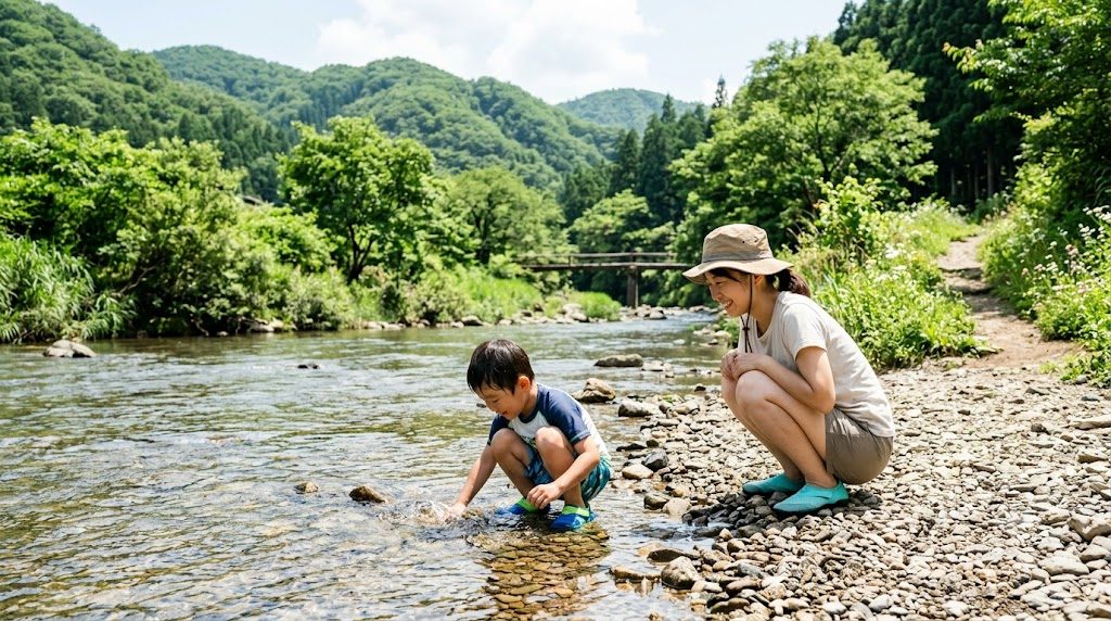 夏の水辺で遊ぶ子どもと持ち物のイメージ