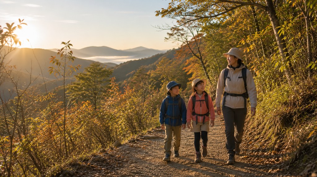 早朝の秋の登山道を歩く親子