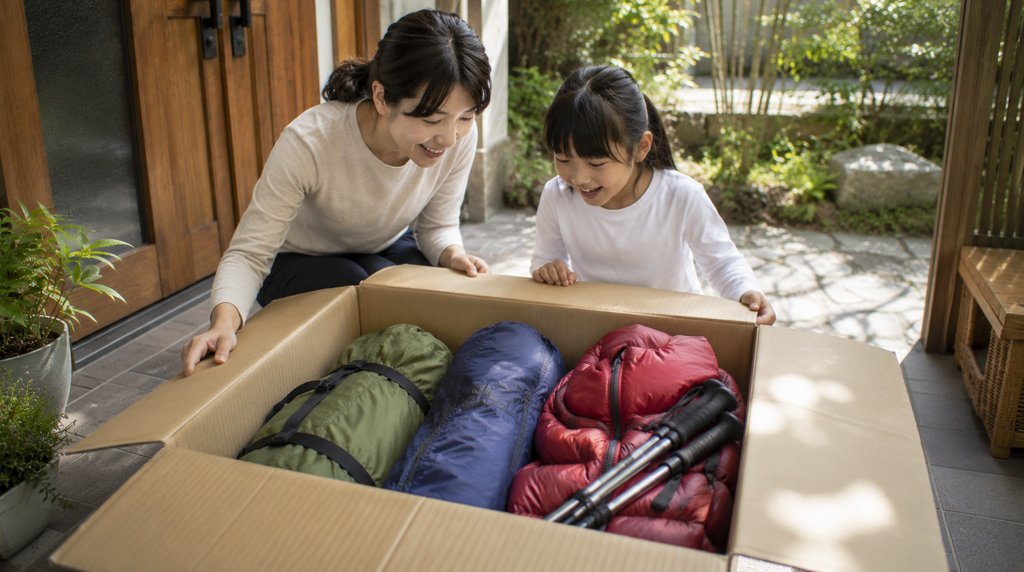 宅配で届いたテント・寝袋・防寒着などのレンタル登山道具