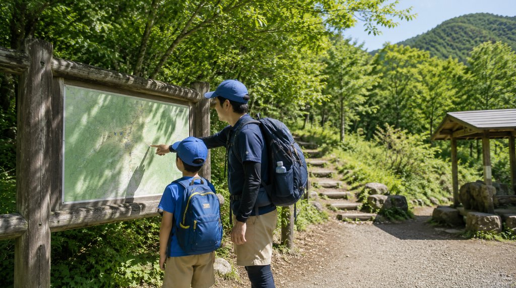 登山口の案内板の前に立つ親子