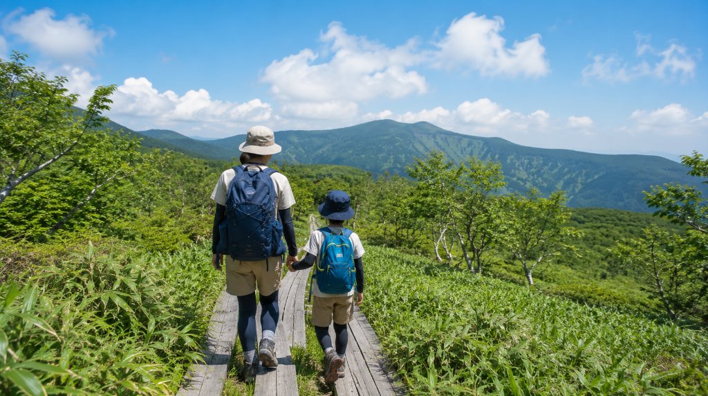 夏山の木道を並んで歩く親子