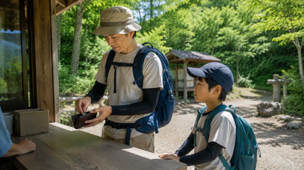 登山口の受付で小銭を用意する親子