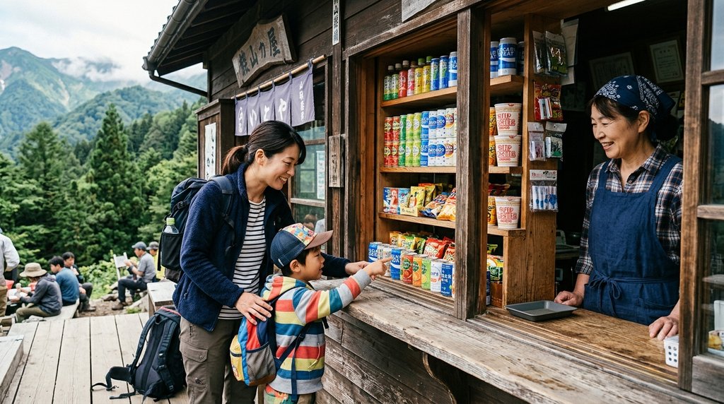 山小屋の売店でエプロン姿の店員から飲み物を買う親子