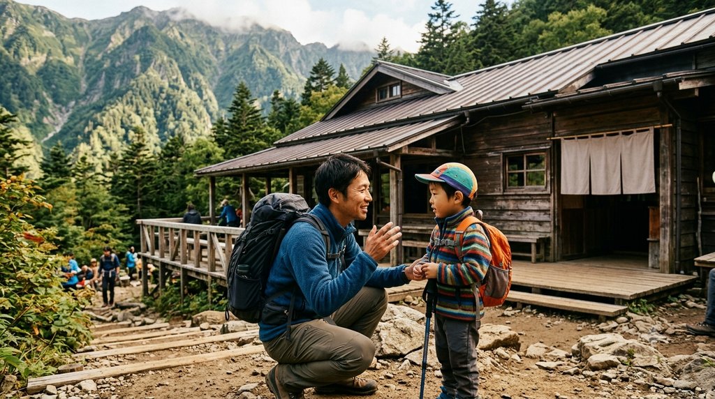 山小屋の前で子どもに話しかける親