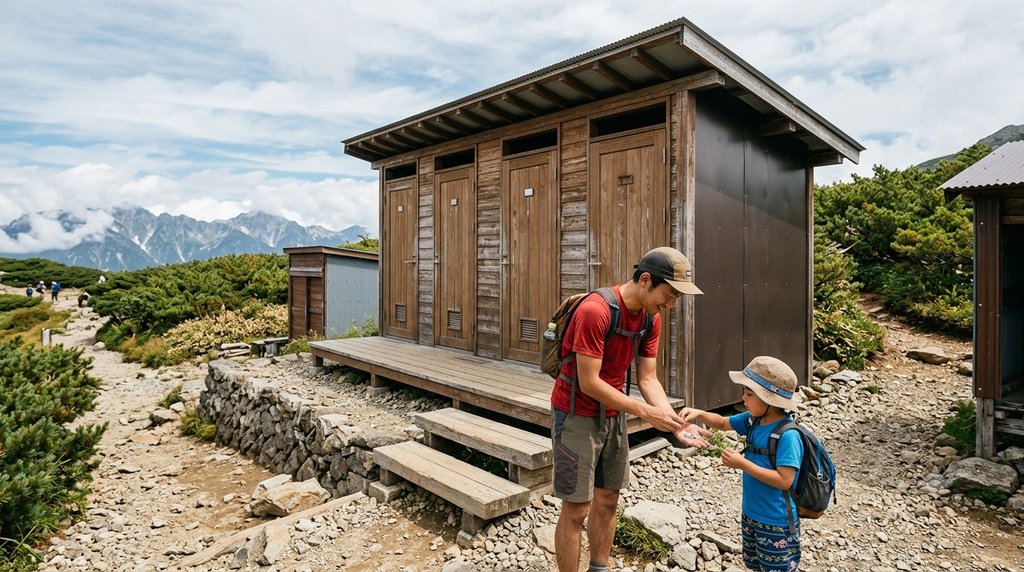 山のトイレ棟の前で子どもにお金の使い方を教える親子