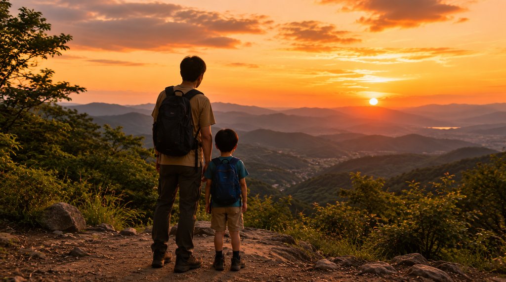 夕方の展望地で夕景を眺める親子