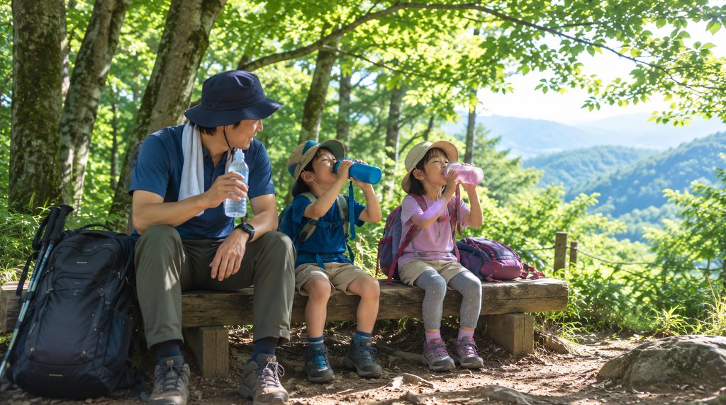 休憩して水分補給をする親子
