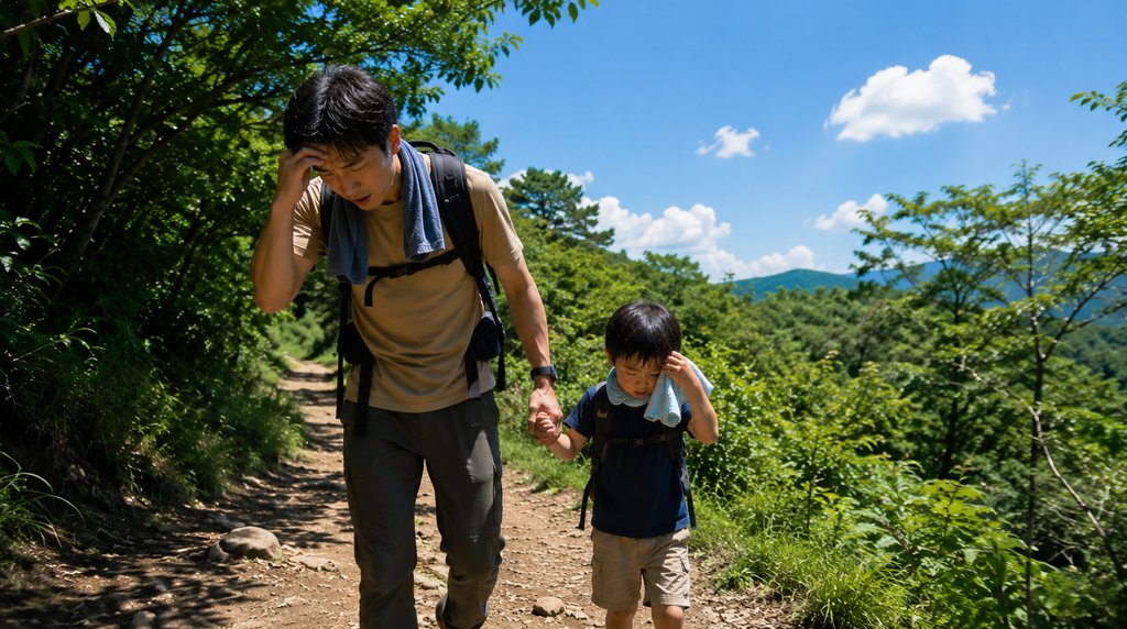 夏の強い日差しの下で汗をかく親子