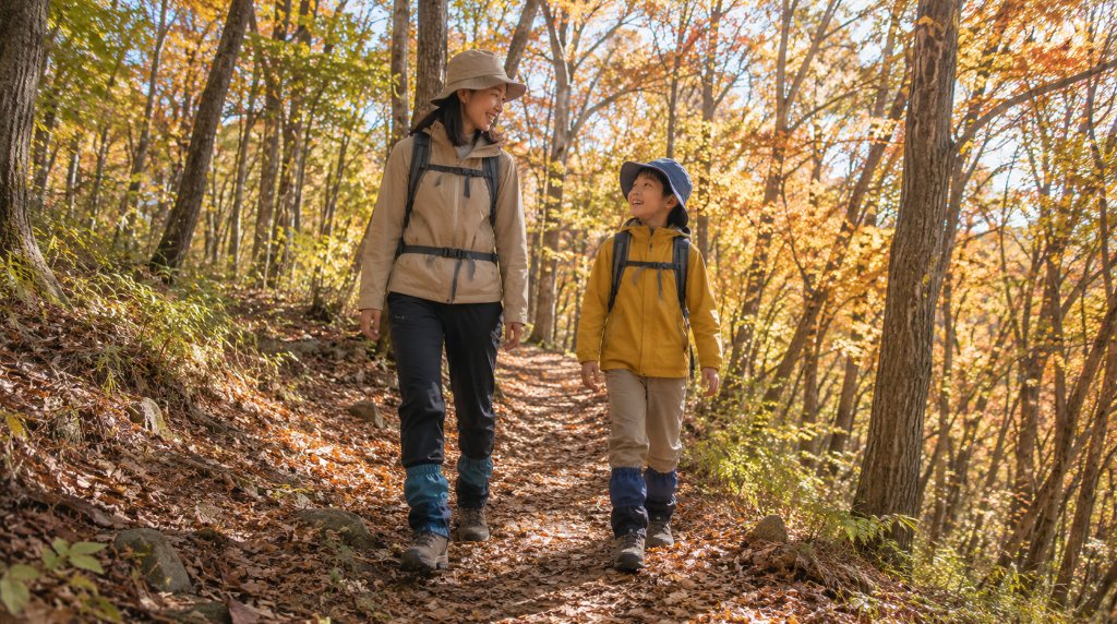 秋の低山の登山道をゲイターを着けて歩く親子