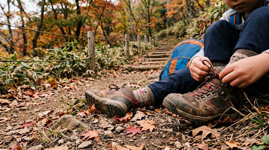 登山道で自分の登山靴を履く子どもの足元