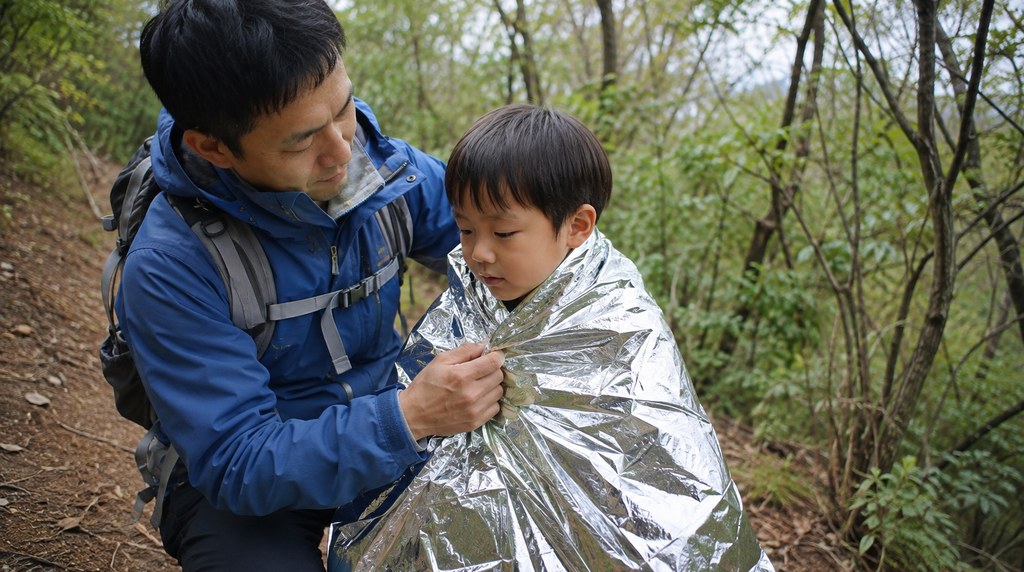 登山道で子どもの肩にエマージェンシーシートを巻く親
