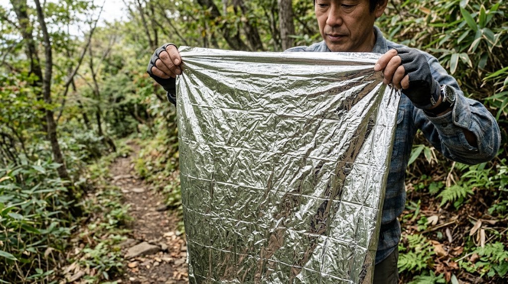 銀色のエマージェンシーシートを両手で広げる登山者