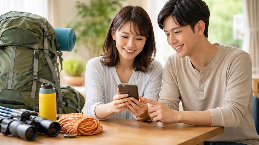 スマートフォンで登山保険を比べる親