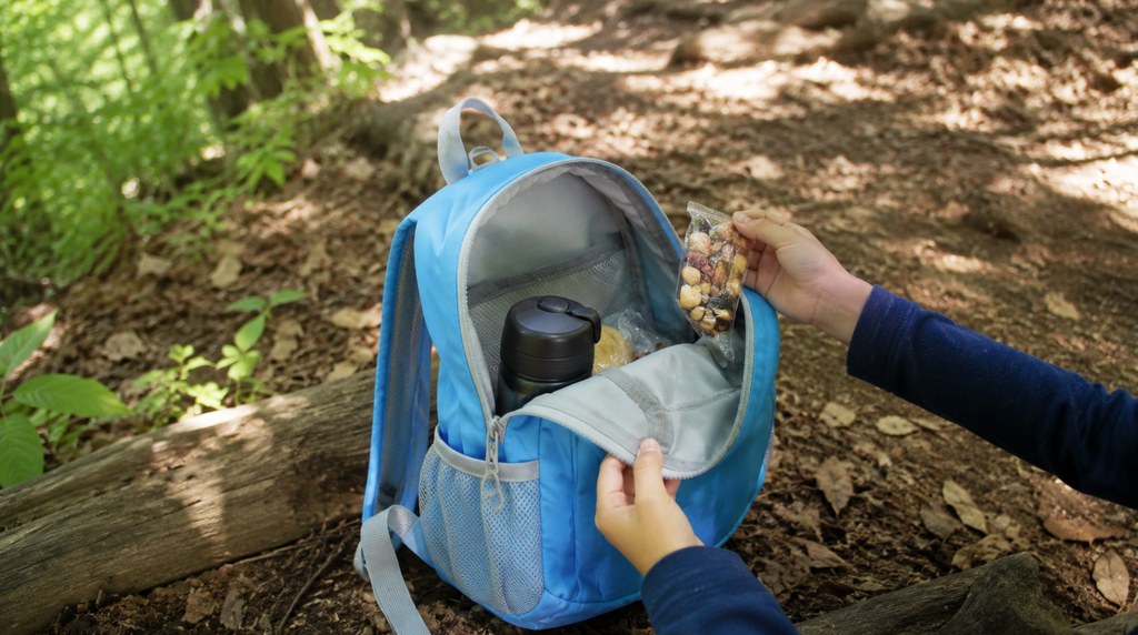 口を大きく開いた子ども用リュックから水筒とおやつを取り出すところ