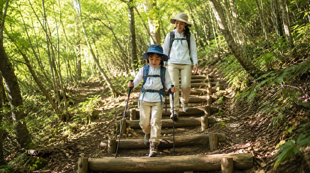 木の階段の下りをトレッキングポールを使って下りる子どもと親