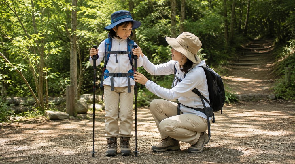 トレッキングポールを立てて持つ子どもの肘の角度を親が確認しているところ