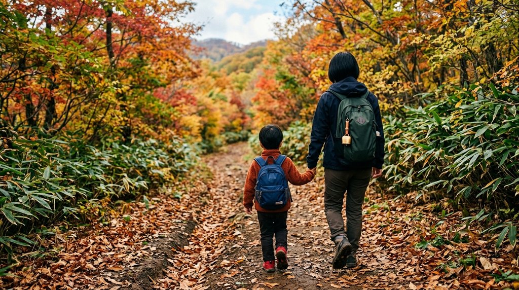 紅葉の登山道を熊鈴を付けて歩く親子の後ろ姿