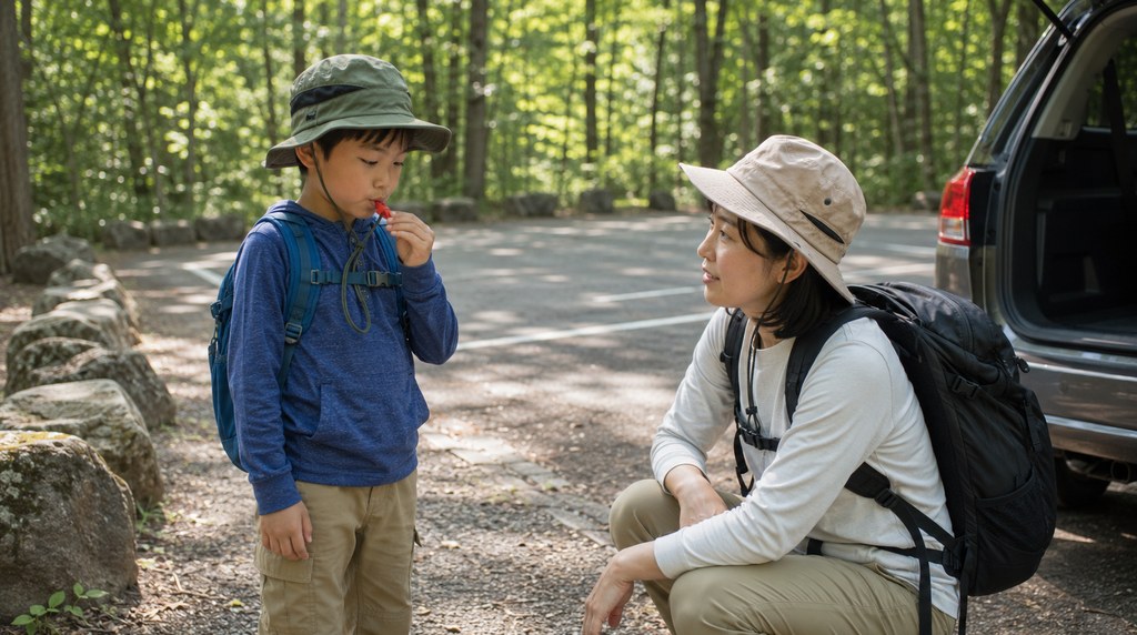 登山口でホイッスルを吹く練習をする子ども