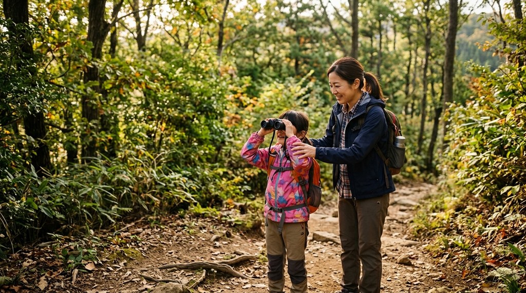 登山道で双眼鏡をのぞく子どもと支える親