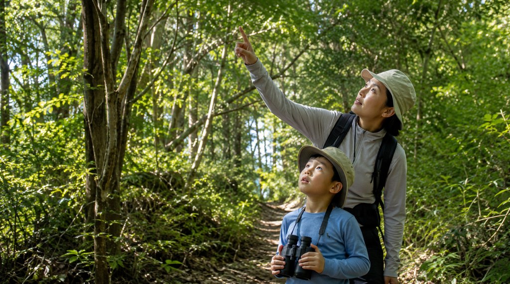樹林帯で木の上を見上げる親子