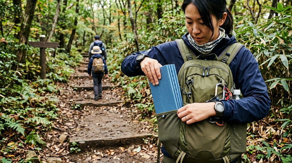 ザックのサイドポケットに折りたたんだ座布団を挿し込む手元