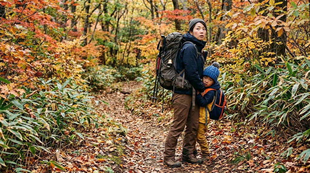 秋の登山道で子どもを背後にかばう親