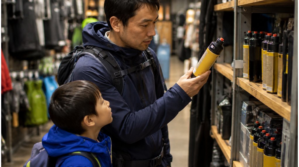 登山用品店で熊スプレーの表示を読み比べる親子