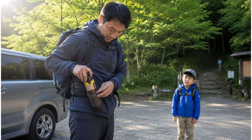 登山口でホルスターから熊スプレーを抜く動作を確かめる親