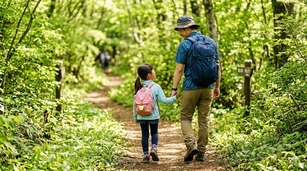 新緑の登山道で会話しながら歩く親子の後ろ姿