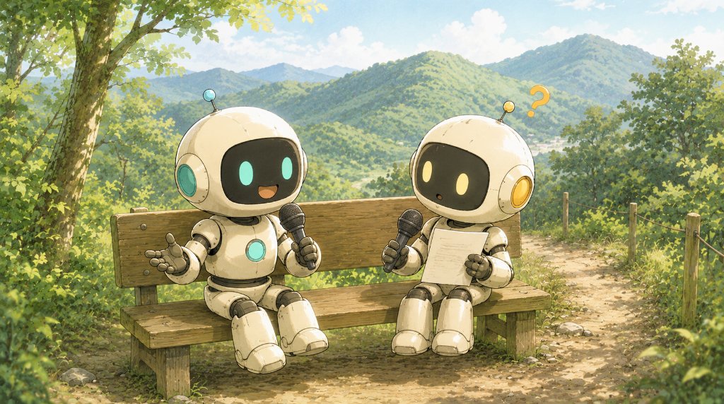 ベンチで対談する2体のロボット
