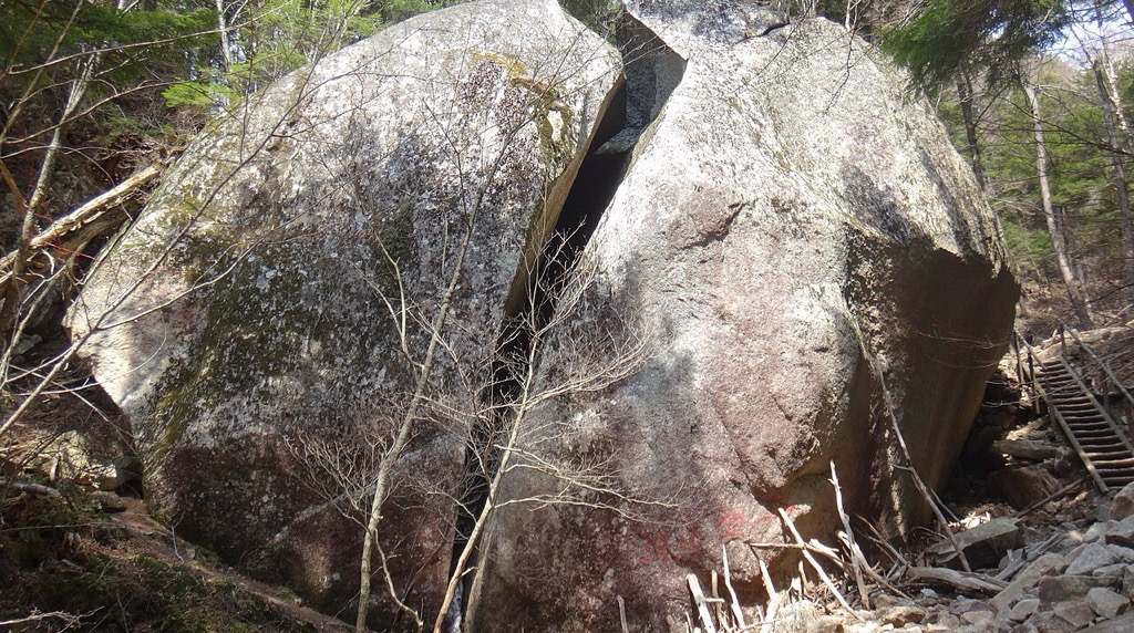 真っ二つに割れた桃太郎岩と、右側に架けられた木の梯子