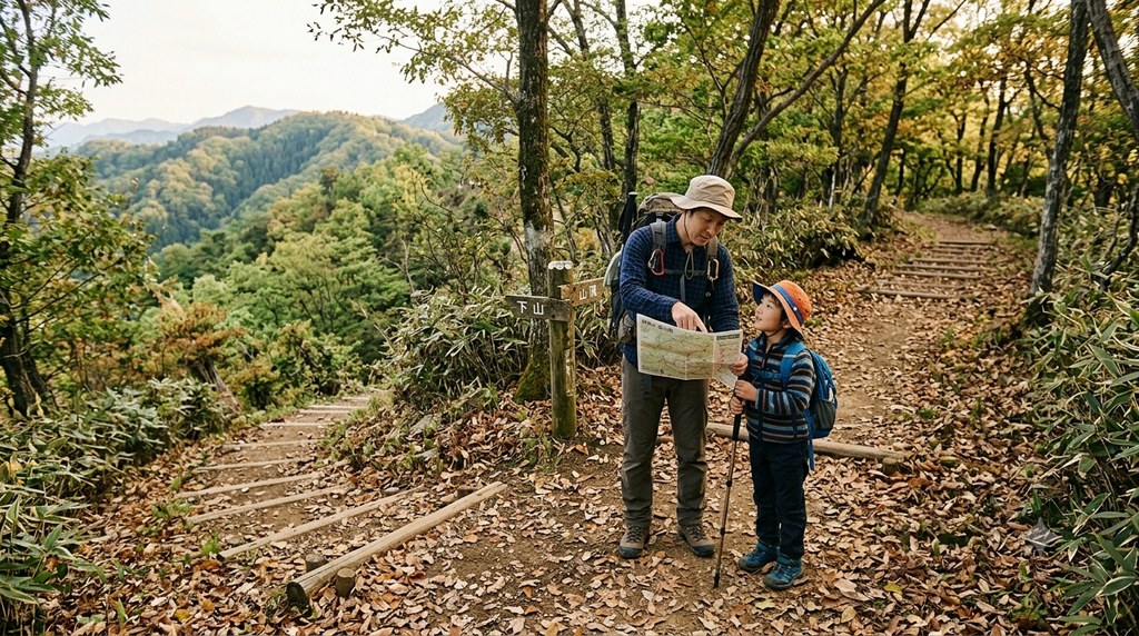 登山道が二手に分かれる分岐で紙の地図を確認する父親と子ども