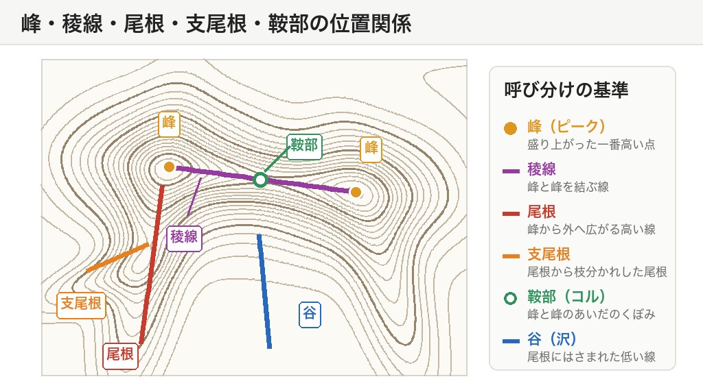等高線図の上に峰・稜線・尾根・支尾根・鞍部・谷の位置を示した図