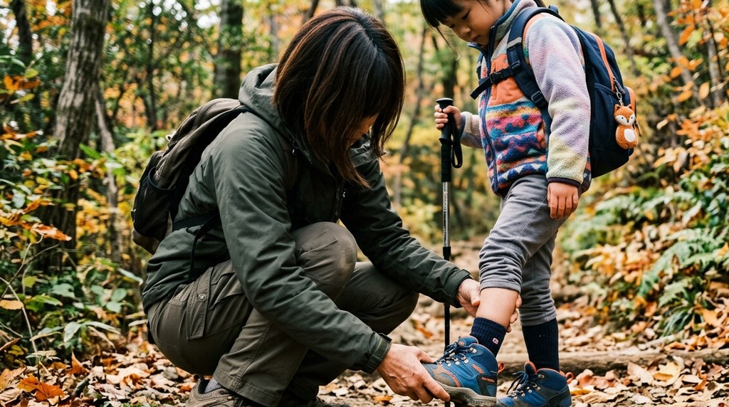 登山靴のかかとを押さえてフィットを確かめる手元