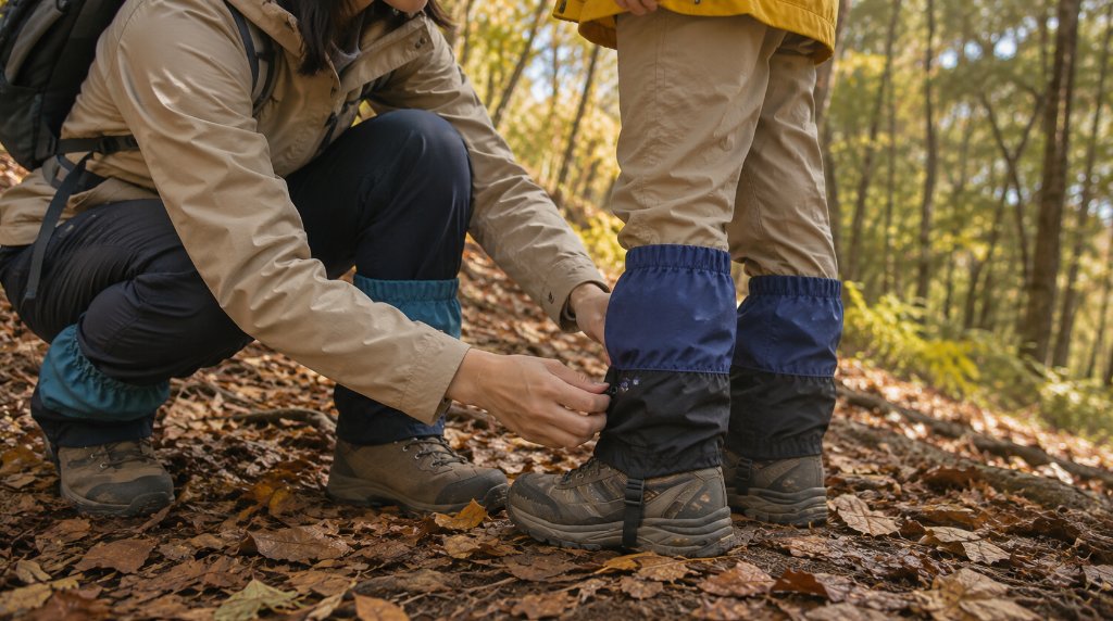 子どもの登山靴にゲイターを着けてあげる親の手元