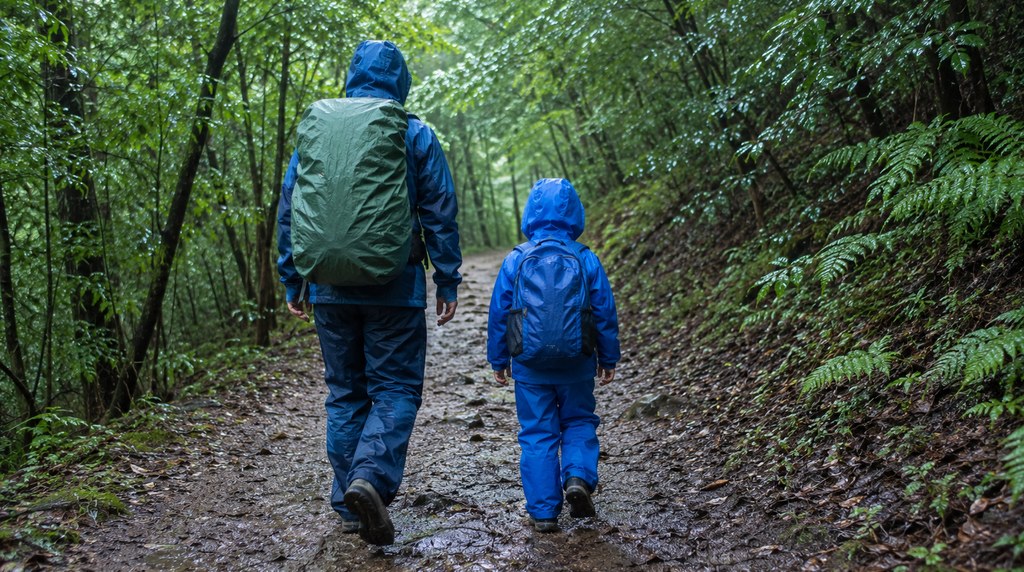 レインウェアの上下を着て雨上がりの登山道を歩く親子