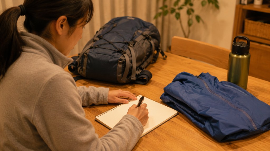 前日の夜に登山の段取りをメモに書き出す様子